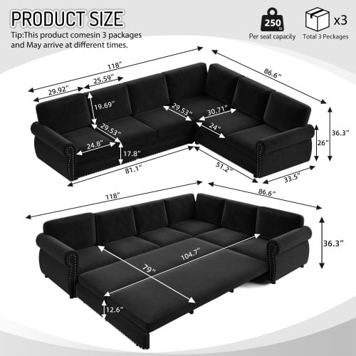118" L-Shaped Sectional Sleeper Sofa with King Size Pull-Out Bed, Chenille Upholstered, Nailhead Trim & Rolled Arms, Black