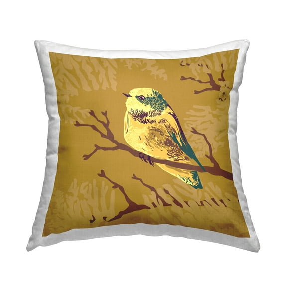 Stupell Industries Perched Yellow Bird Botanical Leaf Pattern Design by Verbrugge Watercolor Throw Pillow