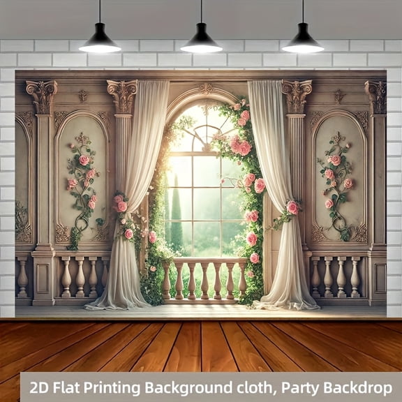 Romantic Pastoral Window Backdrop Pink Floral Wedding Photography Background Pink White Curtain Rose Palace Wall Window Bridal Shower Party Decorations Banner Supplies Photo Booth Props