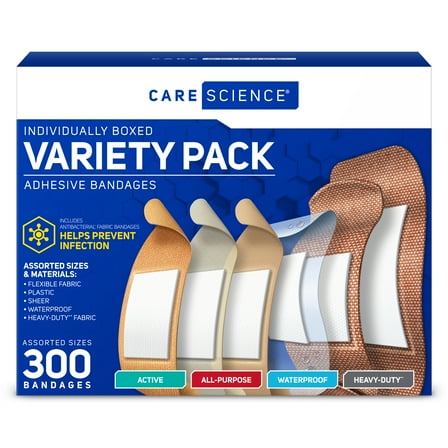 Care Science Variety Bandages Pack, 300 Count Assorted Sizes | Includes Active, All-Purpose, Waterproof, and Heavy-Duty Bandages