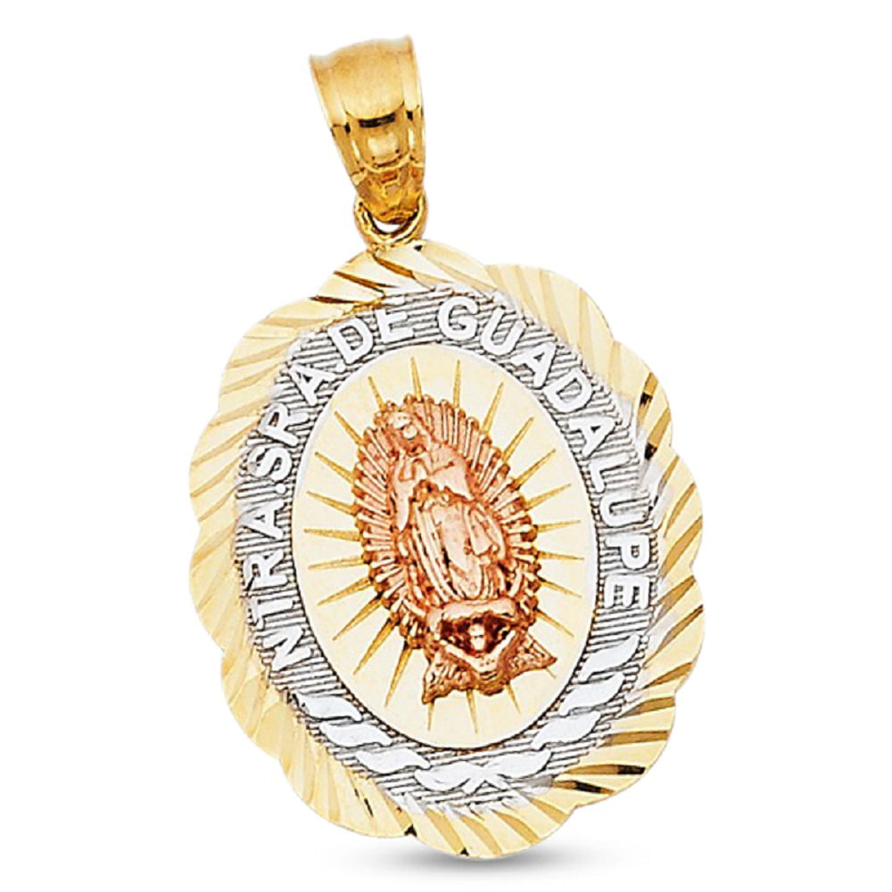 Lady Guadalupe Medal Pendant 14k Yellow White Rose Gold Virgin Mary Charm  Diamond Cut 22 x 18 mm