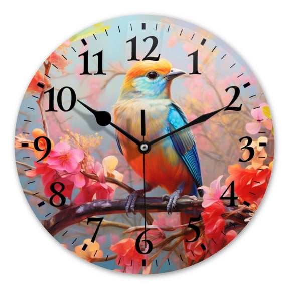 Battery Operated Analog Wall Clocks Non-Ticking Silent Modern Clock Decorative for Home,Office-Bird On Background Of Flowers Image(10inch)