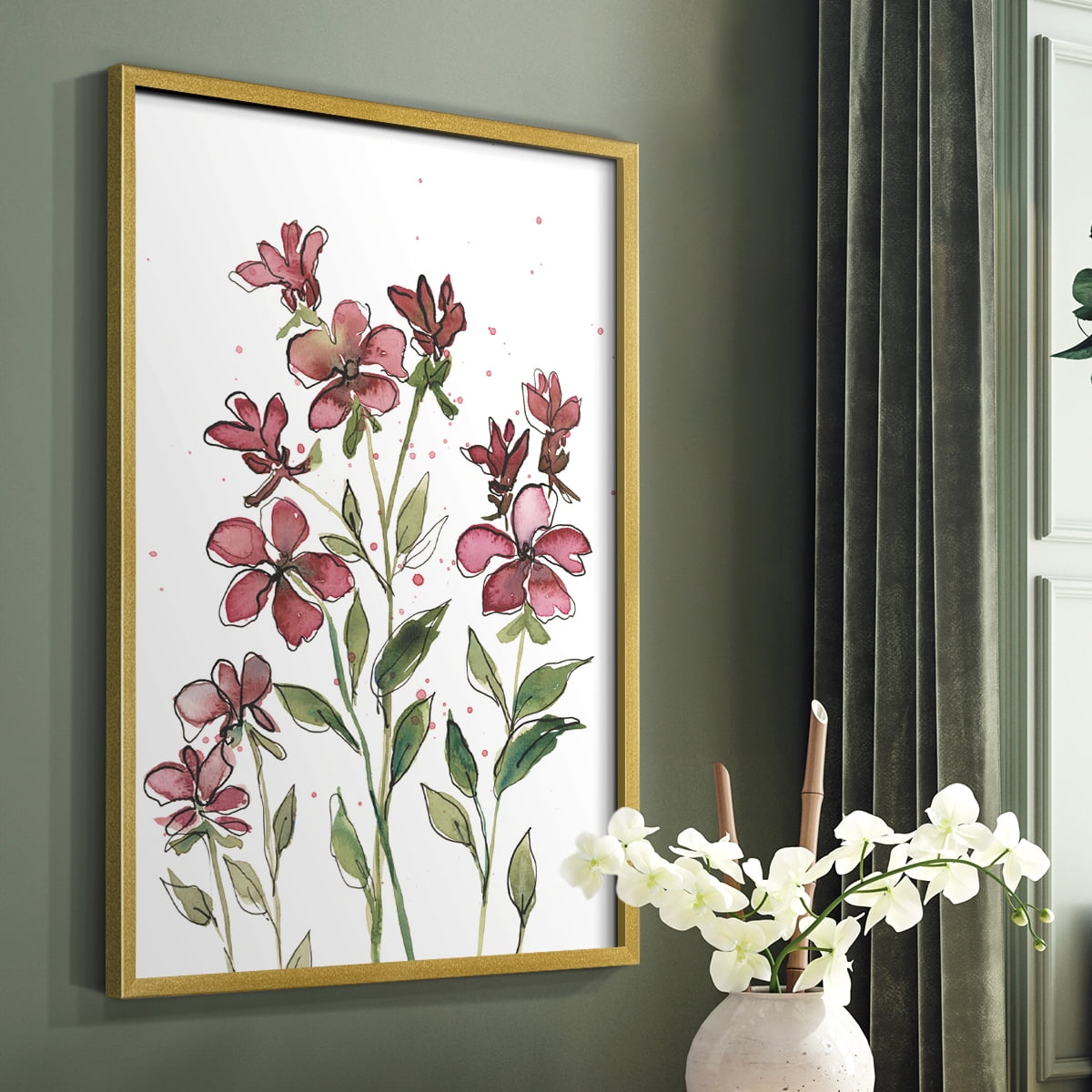 Watercolor Floral Stems II Framed Print in Gold Solid Wood 8 x 10 Framed Print
