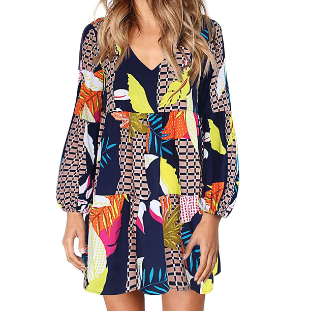 Vestido túnica de verano para mujer, cuello en V, informal, suelto, fluido, con vuelo