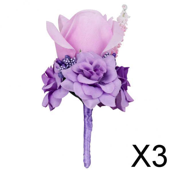 Ramillete de Boda Soledad con Flores de Rosa de Seda Lila 3 Piezas