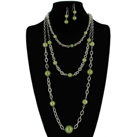 - Green Statement Faux Pearl Beaded 3 Strand Bib Layered Silver Tone Chain Necklace and Earrings 2 Piece Jewelry Set