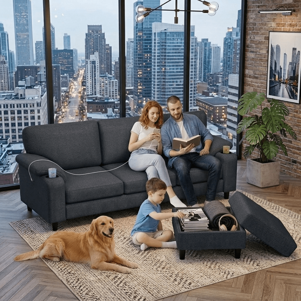 Howcool 80" Convertible Sectional Sofa Couch, L-Shaped Loveseat with Storage Ottoman, USB Ports, Cup Holders & Deep Seats, Modern Teddy Fabric Couch for Apartment Living Room Small Space, Black