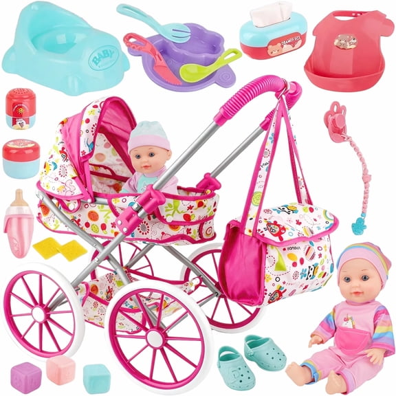 Aijohnny Baby Doll Stroller Toys Set, Montessori Education for Kids, Soft and Safe Matrials Birthday Gifts for 1-3, 3-8 Year Old