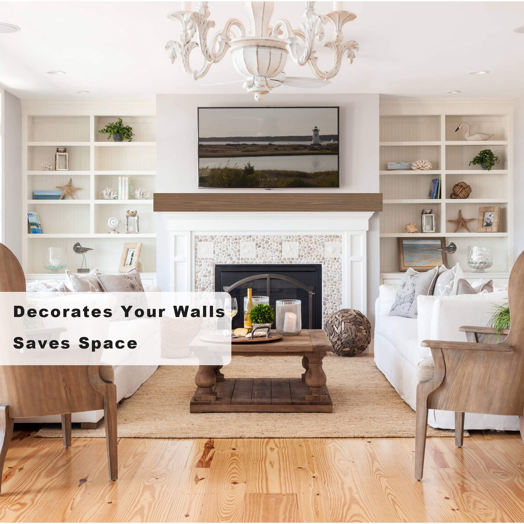 80 Inch Fireplace Mantel, Pine Wood Wall-Hanging Floating Shelf, Natural Wood Display Shelf, Wall Art and Home Decor, Easy to Install, Strong and Durable, for Living Room, Bedroom, Kitchen, Walnut