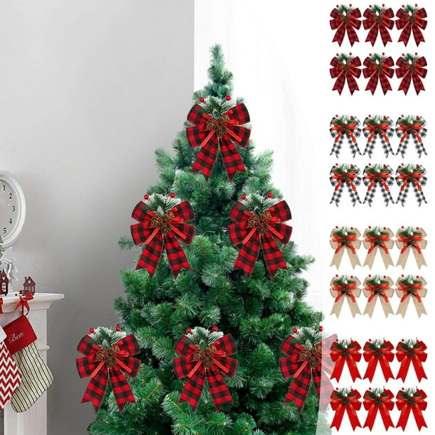 Set de 6 Lazos Navideños para Árbol de Navidad, con Ribete de Terciopelo y Cinta. Adornos Navideños Hechos a Mano. | Color: a | Tamaño: 15 X 13 Cm | Peso: 90 G | Paquete de 6 Lazos