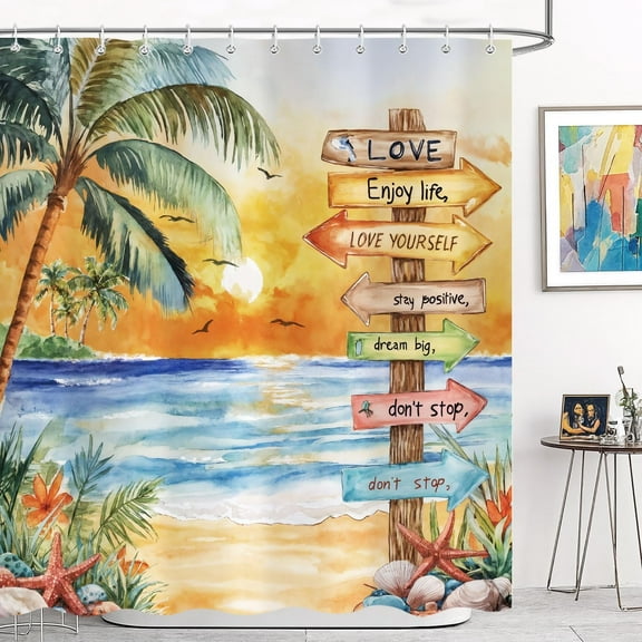 Beach Tropical Shower Curtain, Coastal Nautical Ocean Theme Summer Fun Palm Tree Sea Sunset Shower Curtains for Bathroom, Art Printed Waterproof Fabric With Hooks-72"W x 74"L (Pack of 1)