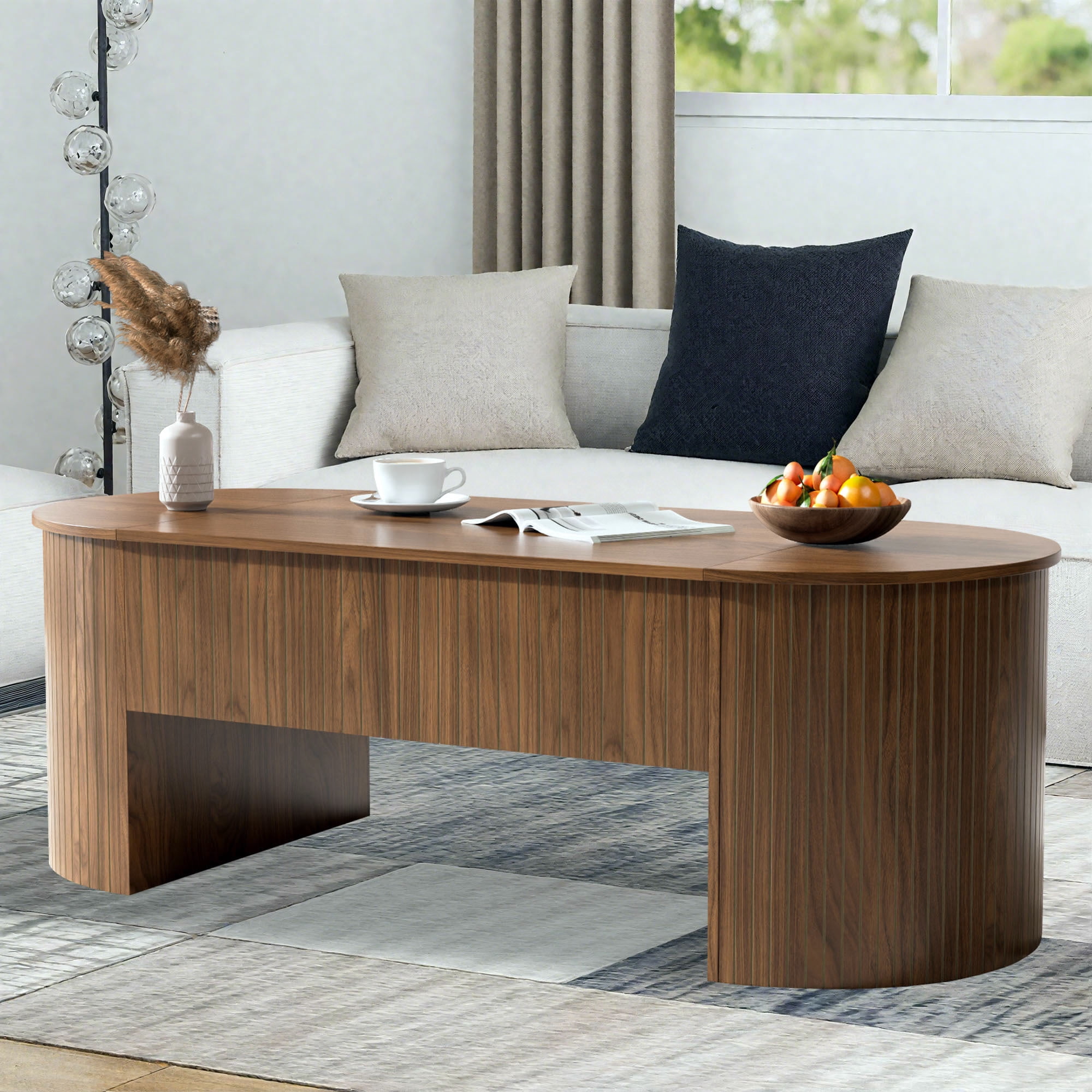 Lift Top Coffee Table with Storage, Oval Center Table with Hidden Compartment, Modern Coffee Table for Living Room, Walnut