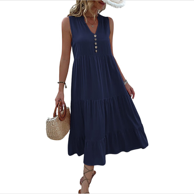Vestido de Verano Sin Mangas, Holgado, Informal, con Escote en V, con y Bolsillos, para Cruceros en la Playa, Negro, Talla XL