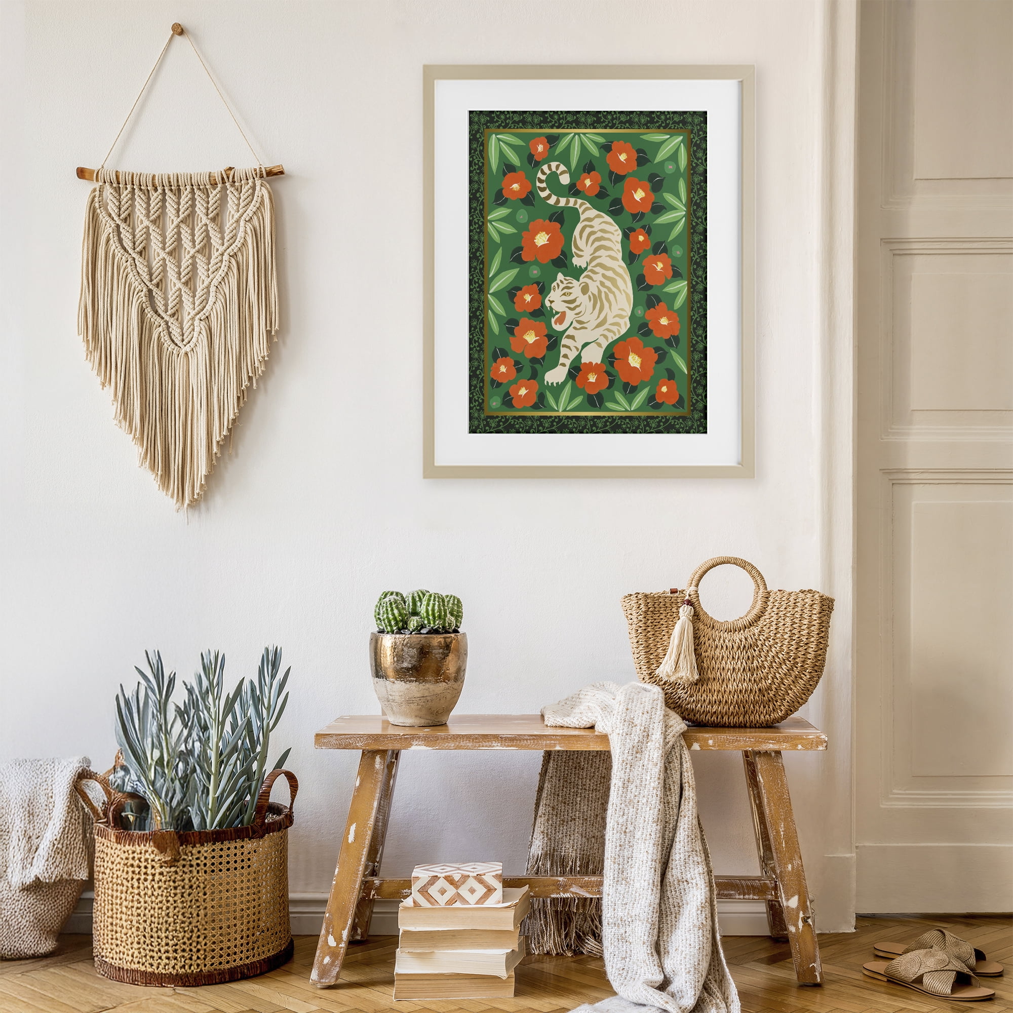Stupell Industries Eclectic Tiger & Hibiscus Birch Framed Print Under Glass, design by Karolina Sato