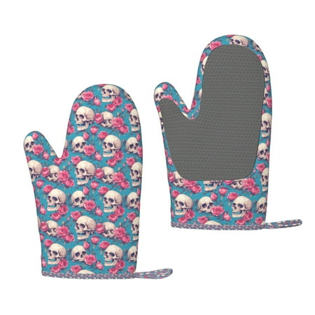 

Junzan happy Skull rose for Oven Mitts 2 Piece Set BBQ Gloves Grilling Gloves Heat Resistant Oven Gloves Kitchen Silicone Oven Mitts for Barbecue/Cooking/Baking