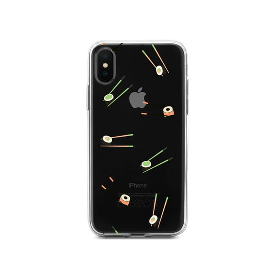 DistinctInk Clear Shockproof Hybrid Case for iPhone XR (6.1" Screen) - TPU Bumper, Acrylic Back, Tempered Glass Screen Protector - Sushi with Chopsticks - Pastels