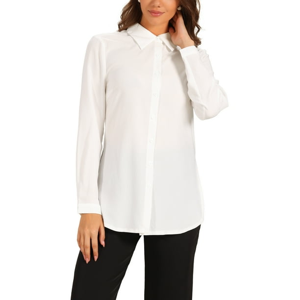 Tops de Largo Desigual para Mujeres con Abertura Lateral Sexy y Manga Larga con Botones Camisas Blancas XS