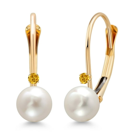 Gem Stone King 14K Yellow Gold Round White Cultured Freshwater Pearl and Round Yellow Created Sapphire Leverback Drop Dangle Earrings for Women (Pearl: 5.5MM, Sapphire: 1.5MM)
