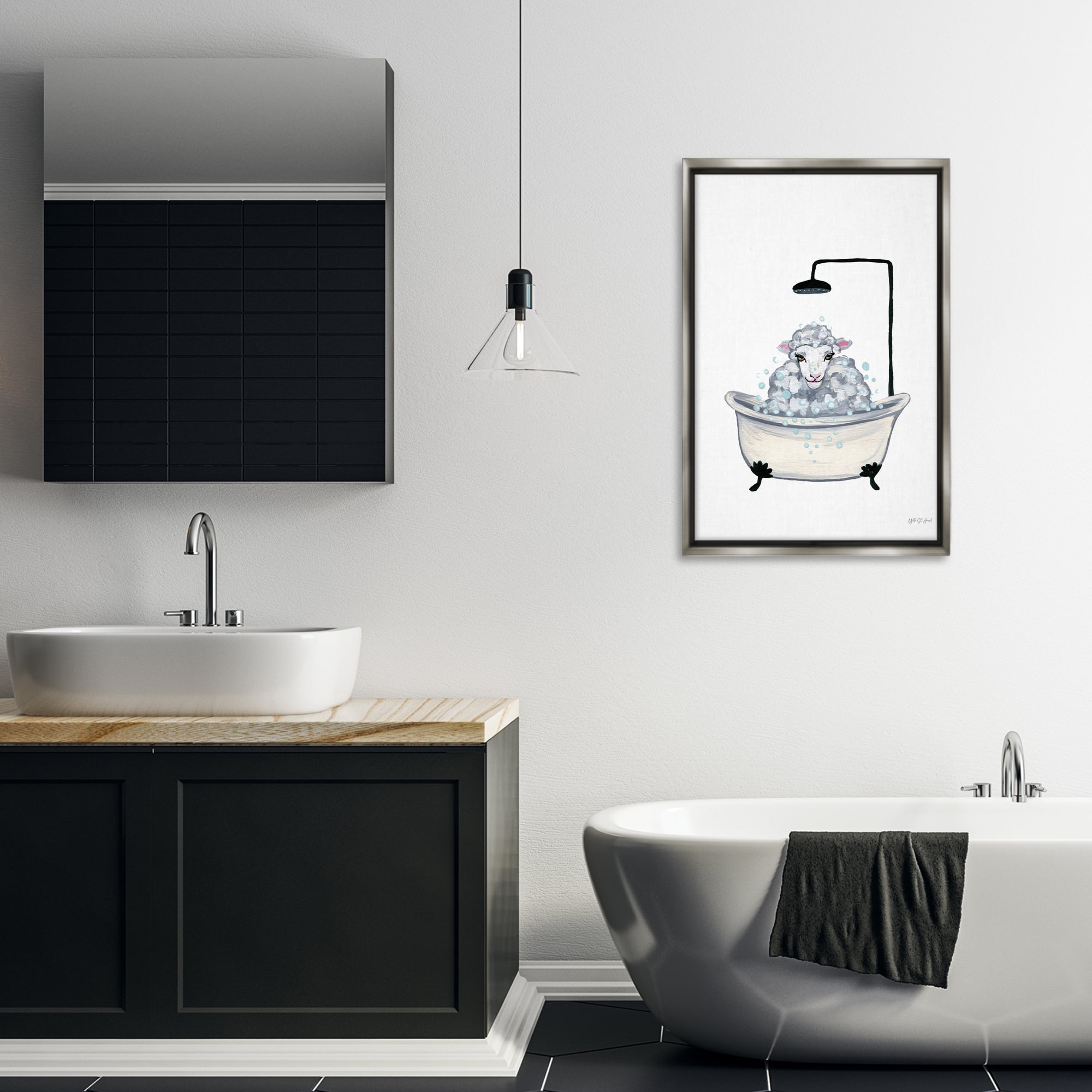 Stupell Industries Farm Sheep Bathtub Typography Painting Gray Floater Framed Canvas Art Print Wall Art, 21 x 31