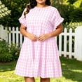 thumbnail image 6 of Guieoi Plus-Size Womens Dresses Plus Size Summer Checkered Pleated Short-Sleeve Round-Neck Casual A-Line Dress with Pockets Pink XXXXL, 6 of 9