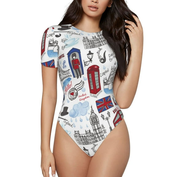 Logiee London Landmark2 Print Women's Short Sleeve Bodysuit,Crew Neck Soft Comfortable Fit Sexy Top,Body Suit Shirts,Short Sleeve T-Shirts-Small