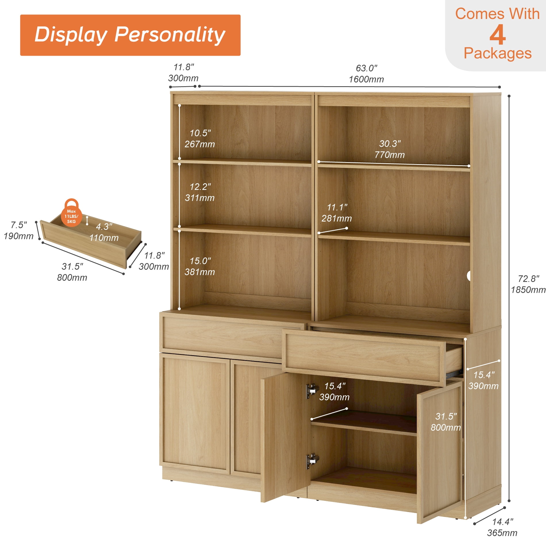 Modern 72" Tall Bookcase with Doors, Drawers & Adjustable Shelves, Wood Bookcase with Storage Cabinet and Open Shelving,Oak