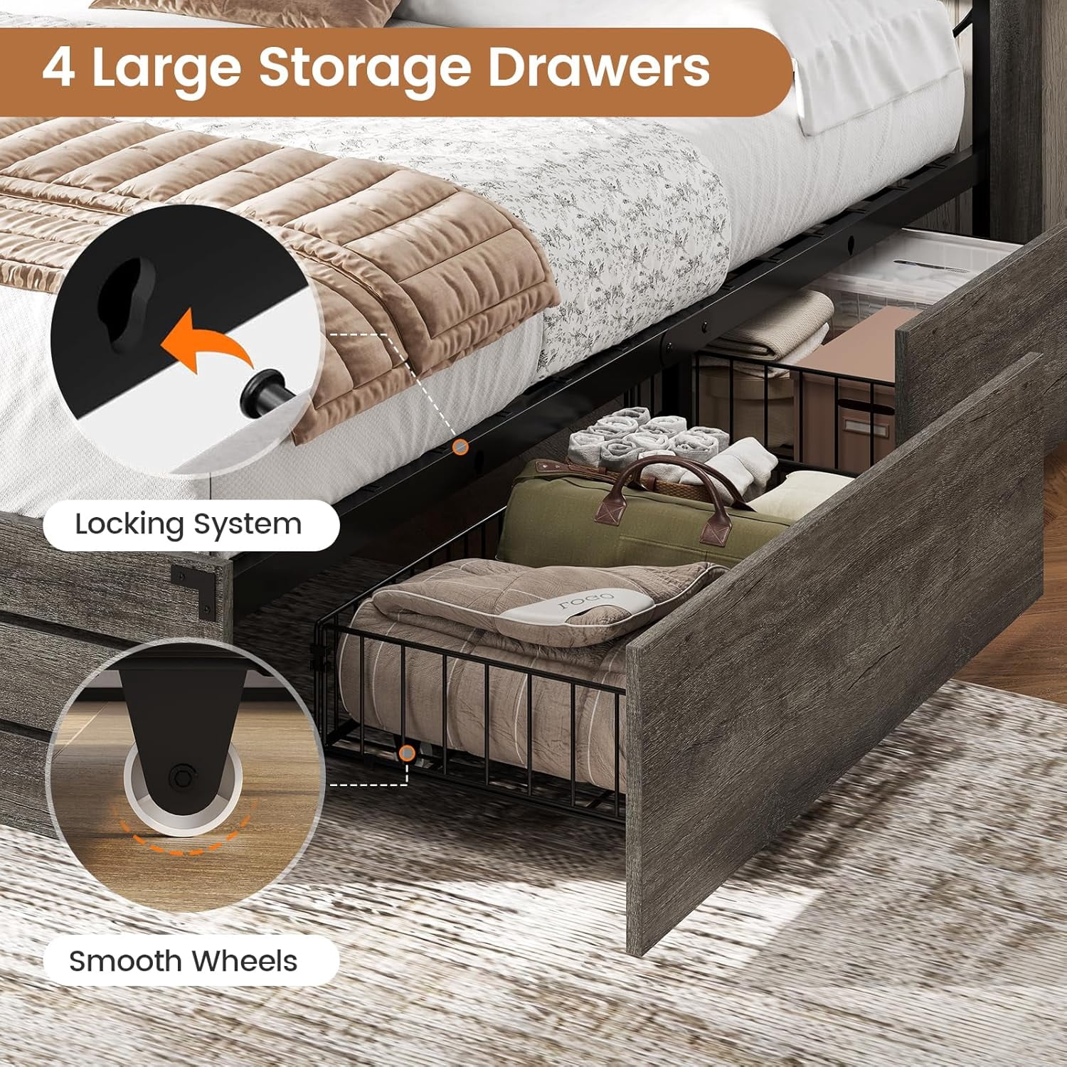 Wooden Bed Frame Full Size with Bookcase Headboard and Sliding Barn Door, Farmhouse Bed Frame Full Size with Charging Station, LED Lights and 4 Storage Drawers, No Box Spring Needed, Grey