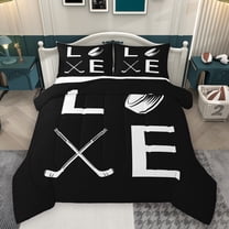 Homewish Ice Hockey Lovers Queen Comforter Set,Ball Sport Game Bedding Sets,White Black Bedding Comforter Set For Teens,Luxury Bedroom Decor Reversible,3 Pieces