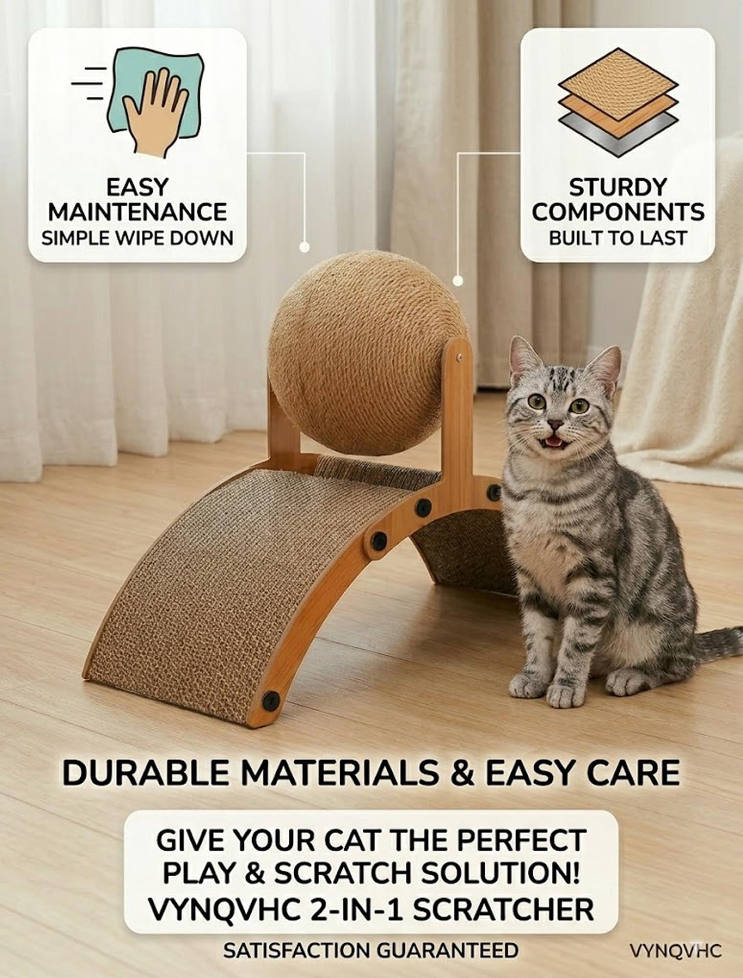 Cat Scratching Ball on Stand 2-in-1 Wood Cat Scratcher with Interactive Arch Bridge and Spinning Scratching Orb Indoor Cats Scratch Pad Furniture Protector