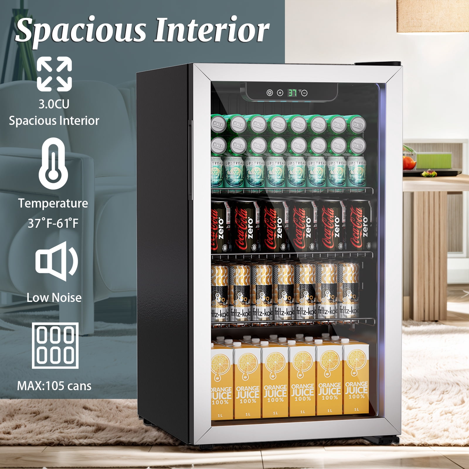 Compact Beverage Refrigerator, 108 Can/3.0 Cubic Feet Fridge with Glass Front Door for Soda, Beer or Wine, Under Counter Drink Dispenser