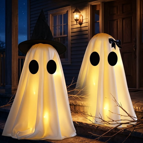 Clearance Halloween Light Up Ghost Couple Decor, 2 Pcs Plastic Glowing Ghost Figurines, Tabletop Decor for Mantel Party
