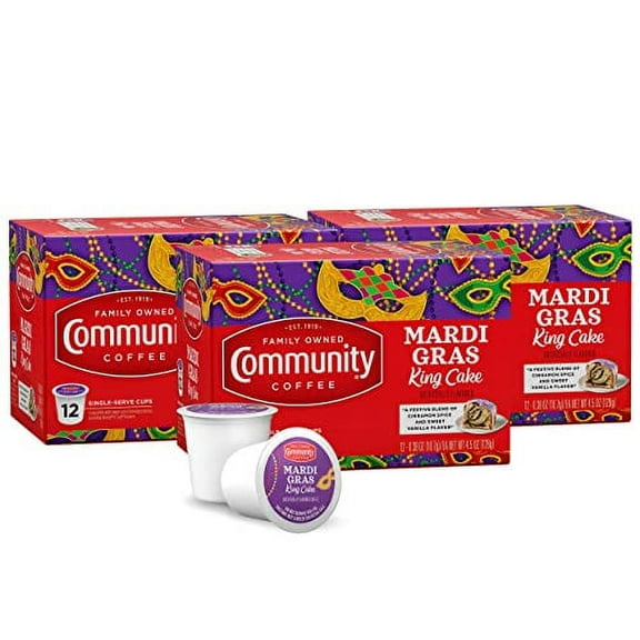Community Coffee Mardi Gras King Cake Flavored 36 Count Coffee Pods, Medium Roast, Compatible with Keurig 2.0 K-cup Brewers, 12 Count (Pack of 3)