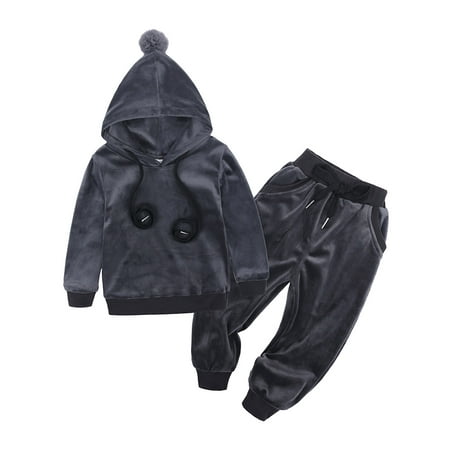 

Toddler Kids Baby Boy Girl Clothes Unisex Solid Sweatsuit Long Sleeve Warm Pullover Hooded Tops Pants Set Fall Winter Pajamas Outfits
