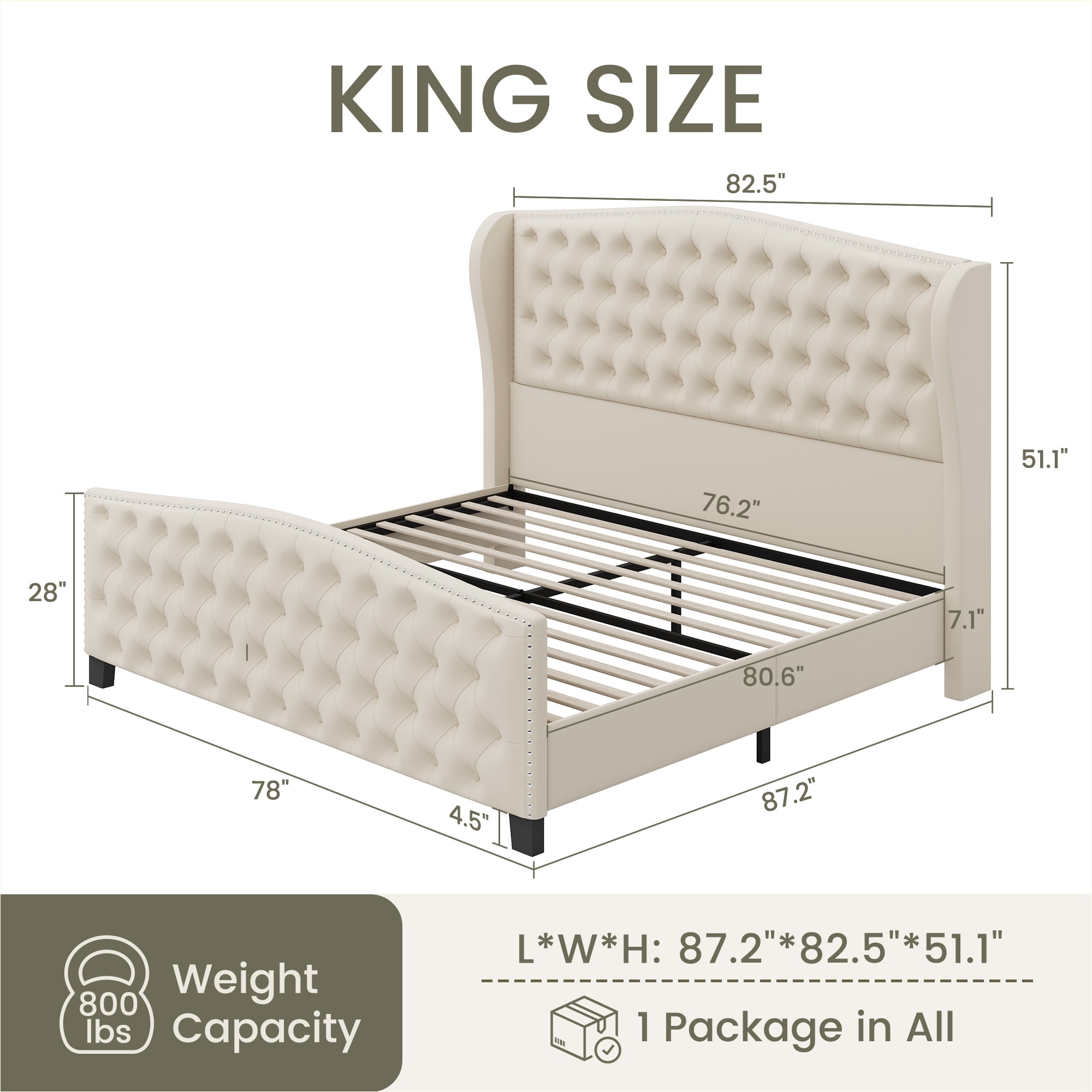 Breltam King Size Bed Frame Velvet Upholstered Platform Bed with Wingback Headboard, Beige
