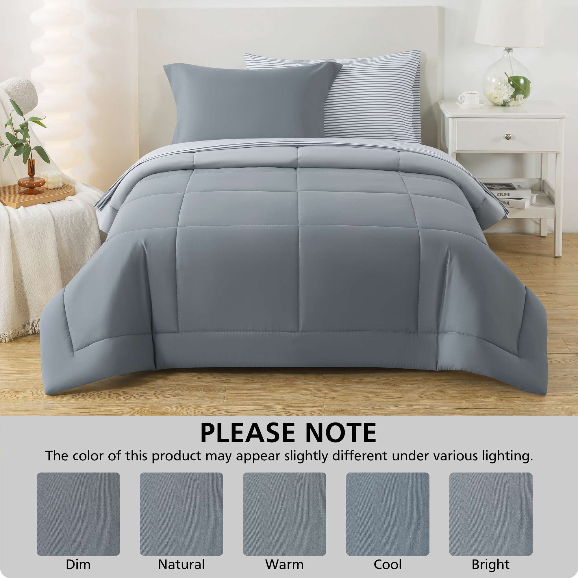 Mainstays All in One Reversible Comforter and Sheet Set, 5-Piece, Twin, Gray