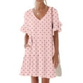 thumbnail image 4 of LOVZFMLL Summer Dresses for Women Casual Loose V Neck Short Sleeve Mini Dress Ruffle Swing Polka Dot/Boho Floral Print Beach Sundress Pink A XL, 4 of 7