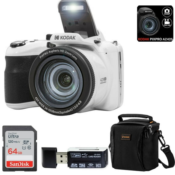Kodak PIXPRO AZ425 Astro Zoom 20MP Full HD Digital Camera (WHITE) Bundled with SanDisk 64GB Memory Card and Camera Bag. Get a Free SD Card Reader and Custom Cleaning Cloth