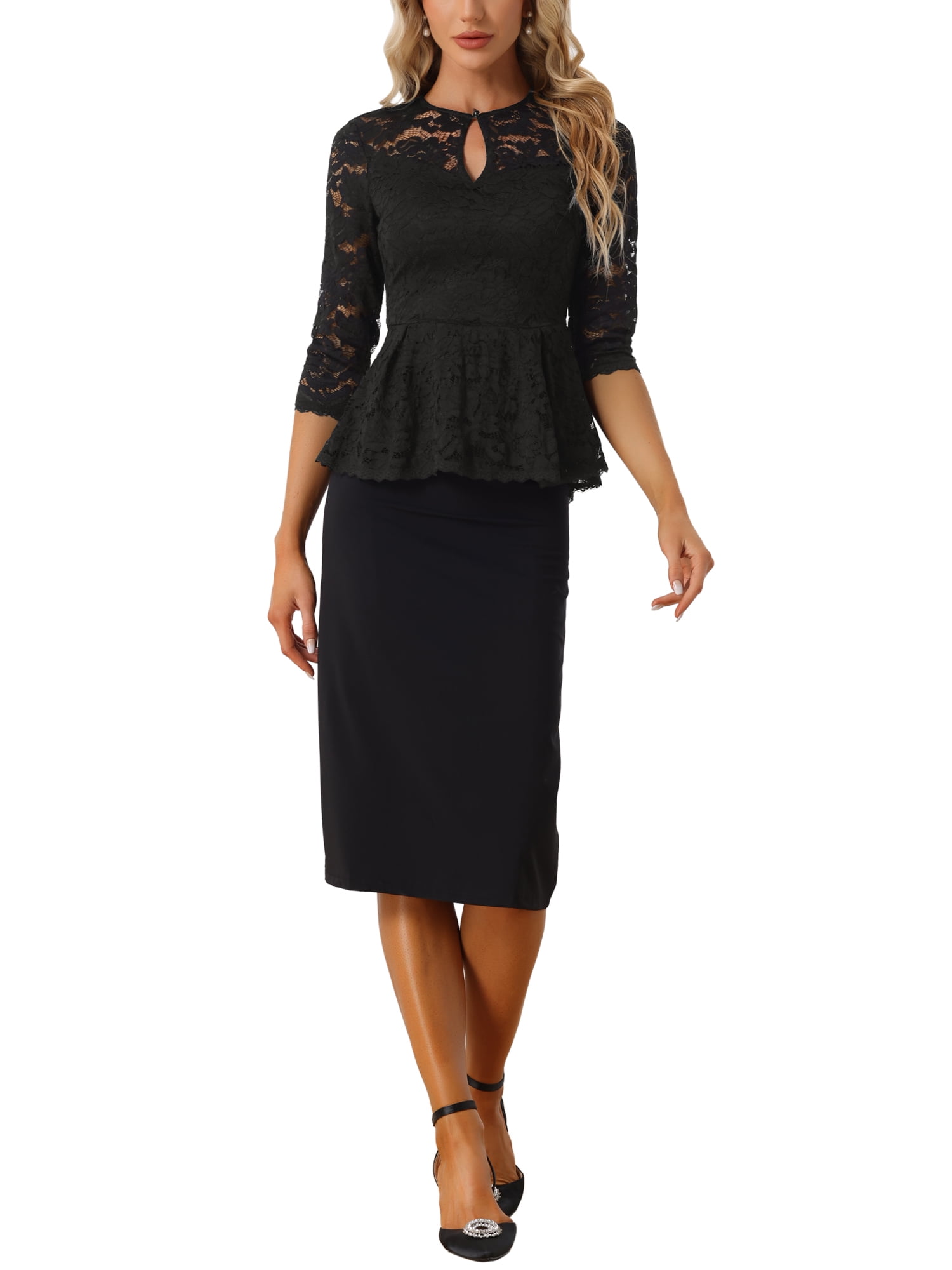 Unique Bargains Women's Lace Keyhole Front Sheer 3/4 Sleeve Peplum Blouse Top Black L
