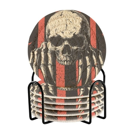 

6-Pack Polyester Coil Coasters with Holder - Heat-Resistant (140℃) Non-Slip & Durable，Skull with Long Claws Sticker