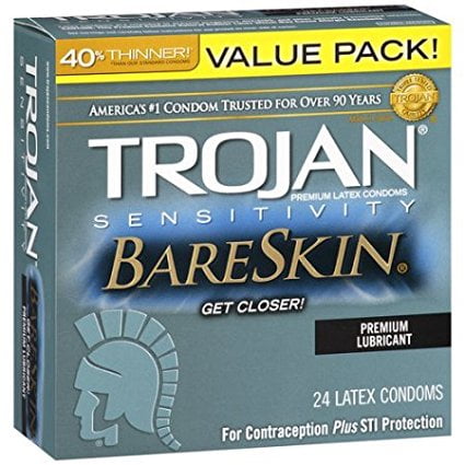 Trojan Sensitivity Bareskin Premium Lubricated Latex Condoms with Silver Pocket/Travel Case-24 Count, 40% Thinner Than Standard Condoms for a More Natural Experience By Trojan (Best Condoms For Both)