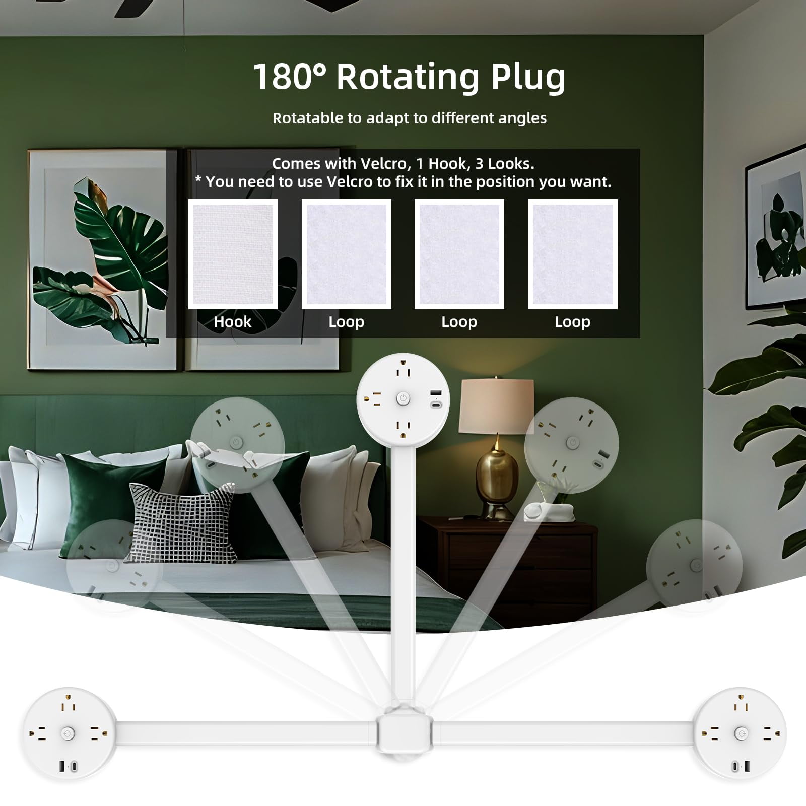 Electrical Outlet Extender Adjustable Power Socket Expander, 1800J Surge Protection, Extends 18.5"-26.5", Rotates 180 °   Features USB-A, USB-C&3 AC Outlets, for Couches, Desks, Nightstands and More