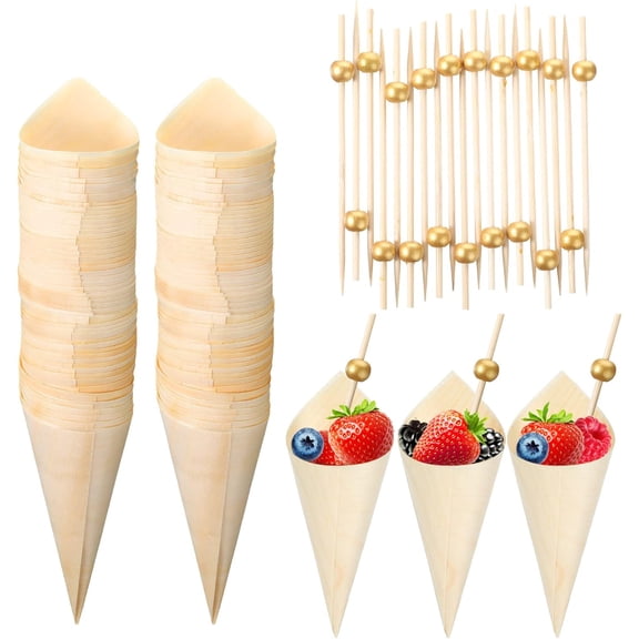 200 Pcs Disposable Wood Charcuterie Cones 5 Inch Wooden Food Ice Cream Cone Pearl Cocktail Picks Fancy Bamboo Toothpicks for Appetizers Holder Drinks Wedding Birthday Party(Gold)