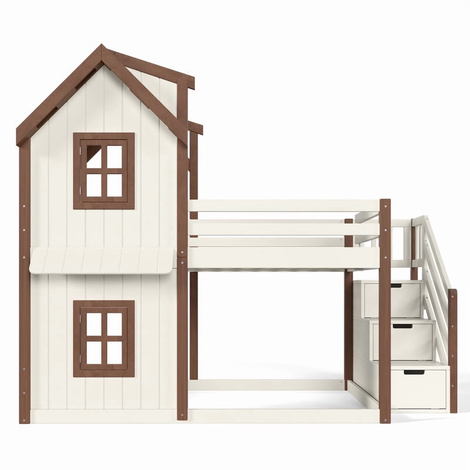 Full-Over-Full Kids House Bed Frame with Storage Stairs & Bottom Floor Bed, Playhouse Bunk Bed with Roof & Window