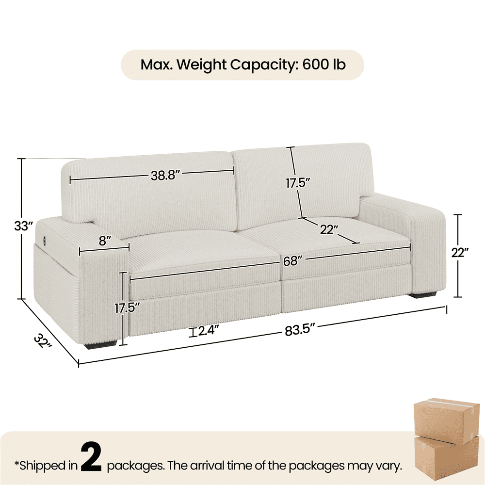 Renwick 83.5'' W 2-Seater Modern Corduroy Fabric Sofa Couch with USB Charging Ports, All Ages, Ivory