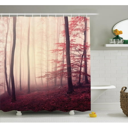 Woodland Decor Shower Curtain Set Fantasy Marsala Color Foggy Forest Jungle Dreamy Wilderness Woods Sunlight Bathroom Accessories 69w X 70l Inches Woodland Decor Shower Curtain Set Fantasy Marsala Color Foggy Forest Jungle Dreamy Wilderness Woods Sunlight Bathroom Accessories 69w X 70l Inches