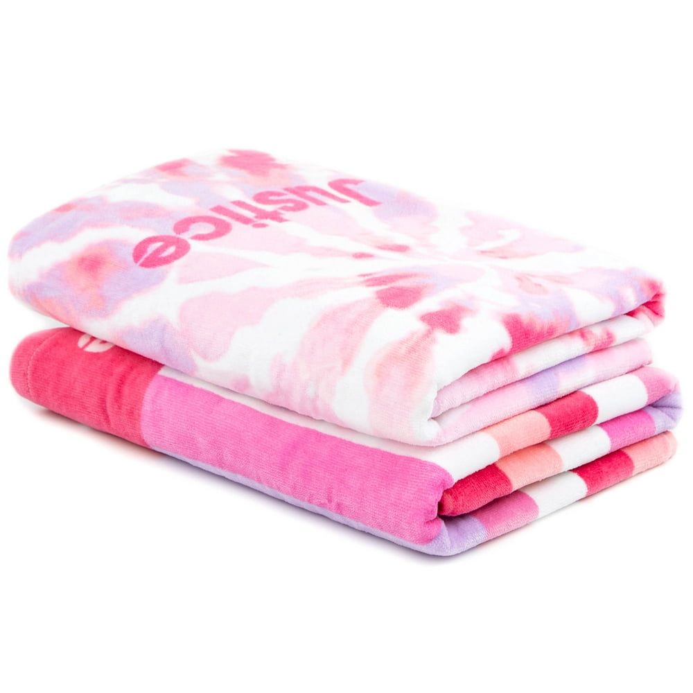 Justice Bath Pink Tie Dye and Pink Stripe 2 Pack Bath Towel Set, 100% ...