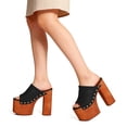 thumbnail image 2 of FSJ Women Open Round Toe Platform Clog Mules Studded Rivet Chunky Wooden Block High Heel Backless Summer Slide Sandals Size 14 Black, 2 of 4