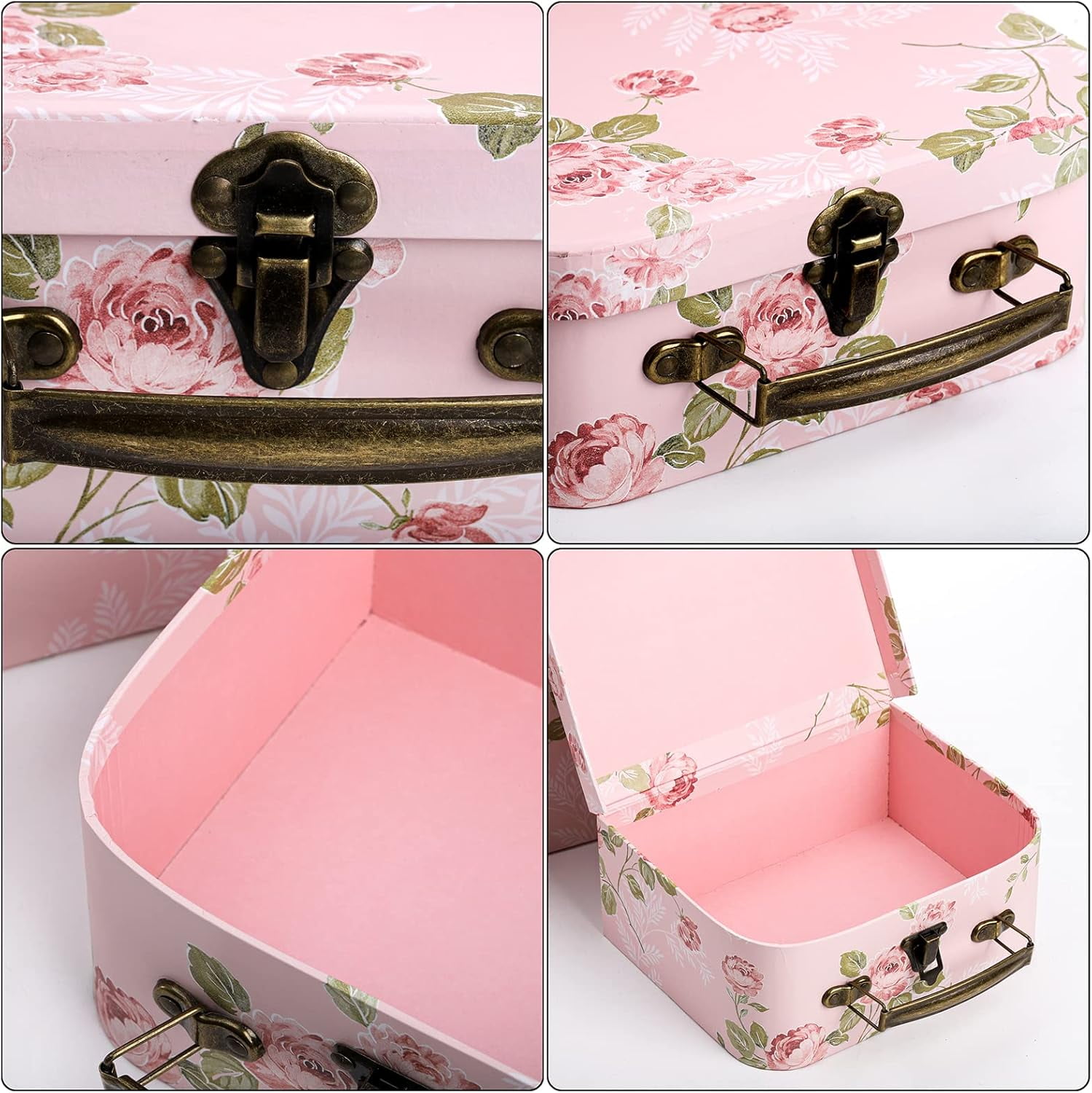 3 Pack Paperboard Suitcases Storage Box With Lids - Decorative Gift Boxes for Photo Storage, Home Decoration, Wedding, Birthday, Anniversary - Pink