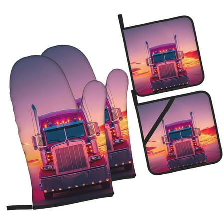 

Haiem Sunset Truck Highway Print Extra Long Oven Mitts and Pot Holders 4pc Sets: Heat Resistant Silicone Oven Mittens with Mini Oven Gloves and Hot Pads Potholders