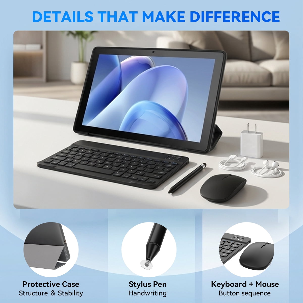 BUFO 10 Inch Tablet with Gemini AI and Keyboard set, 34GB+128GB, 6000mAh, Face Unlock, Android 16, Black